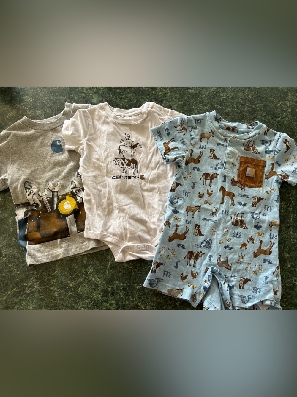Set of 3 12 MontCarhartt Light Blue and Brown Baby Onesie Set with Animal Prints
